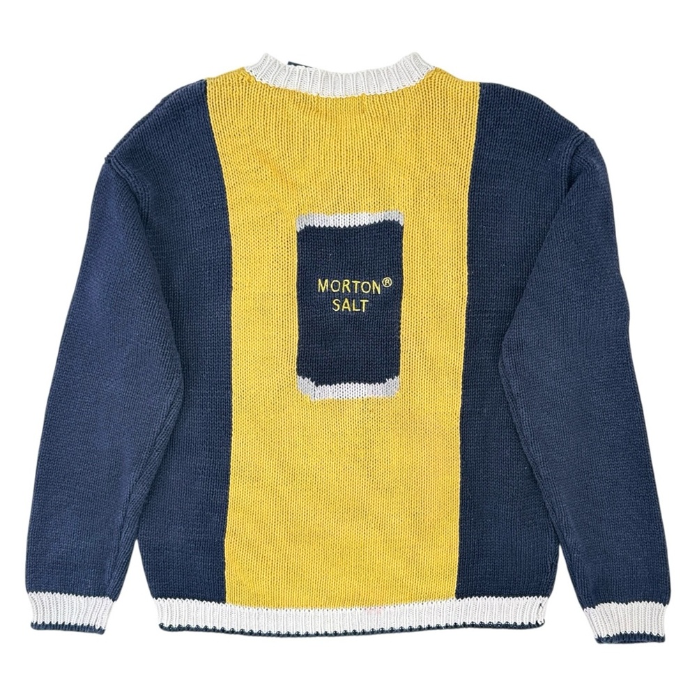 RARE Vintage Blue Yellow Cotton Knit Morton Salt Logo V-Neck Sweater sz S - Picture 2 of 7